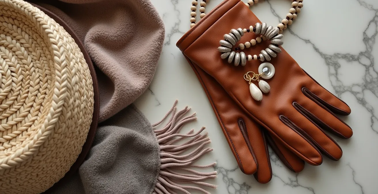 Composition harmonieuse d'accessoires mélant textures estivales et hivernales