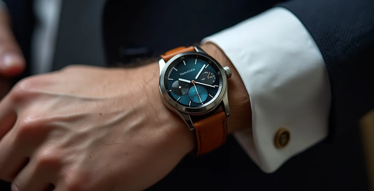 Détail macro d'une smartwatch élégante avec bracelet cuir sur poignet professionnel