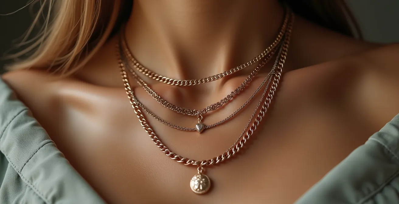 Superposition de colliers créant un effet vertical allongeant sur le buste