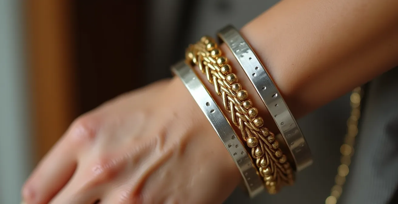 Poignet féminin portant plusieurs joncs mélangés or et argent avec différentes finitions