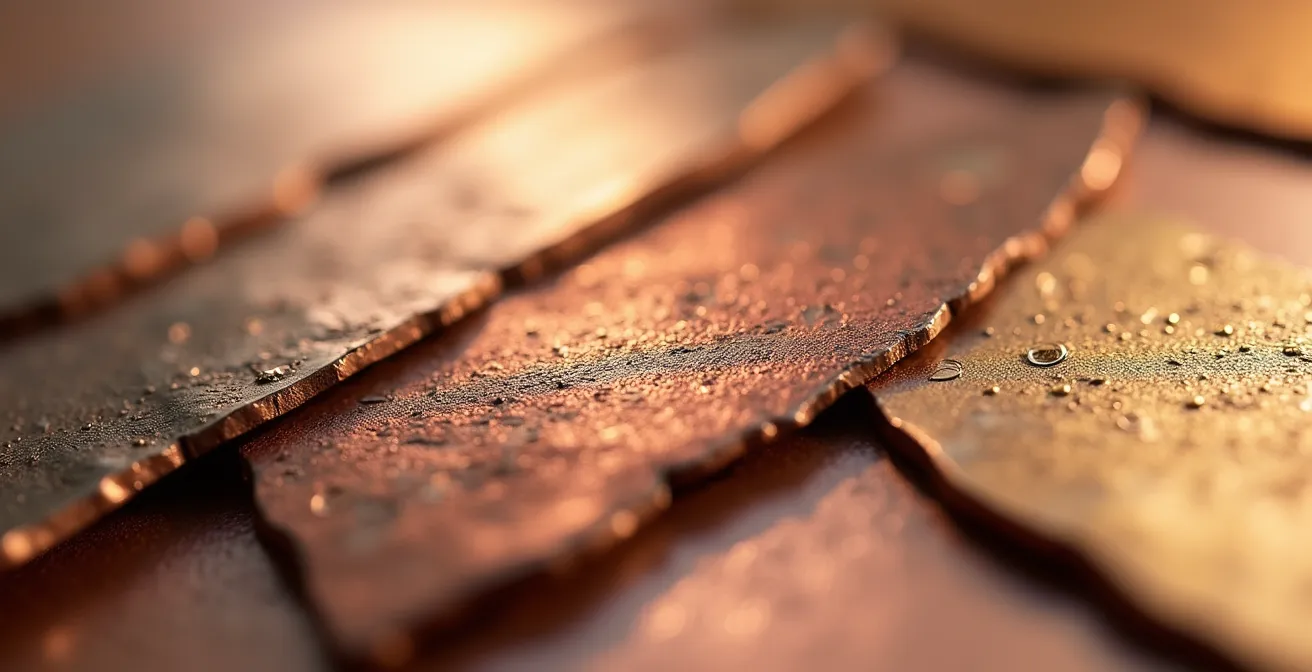 Détail macro de surfaces d'or rose avec différents niveaux de patine et d'oxydation