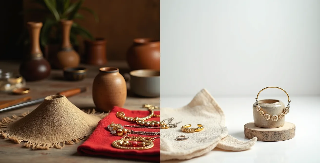 Composition montrant la différence entre inspiration respectueuse et appropriation culturelle dans les bijoux