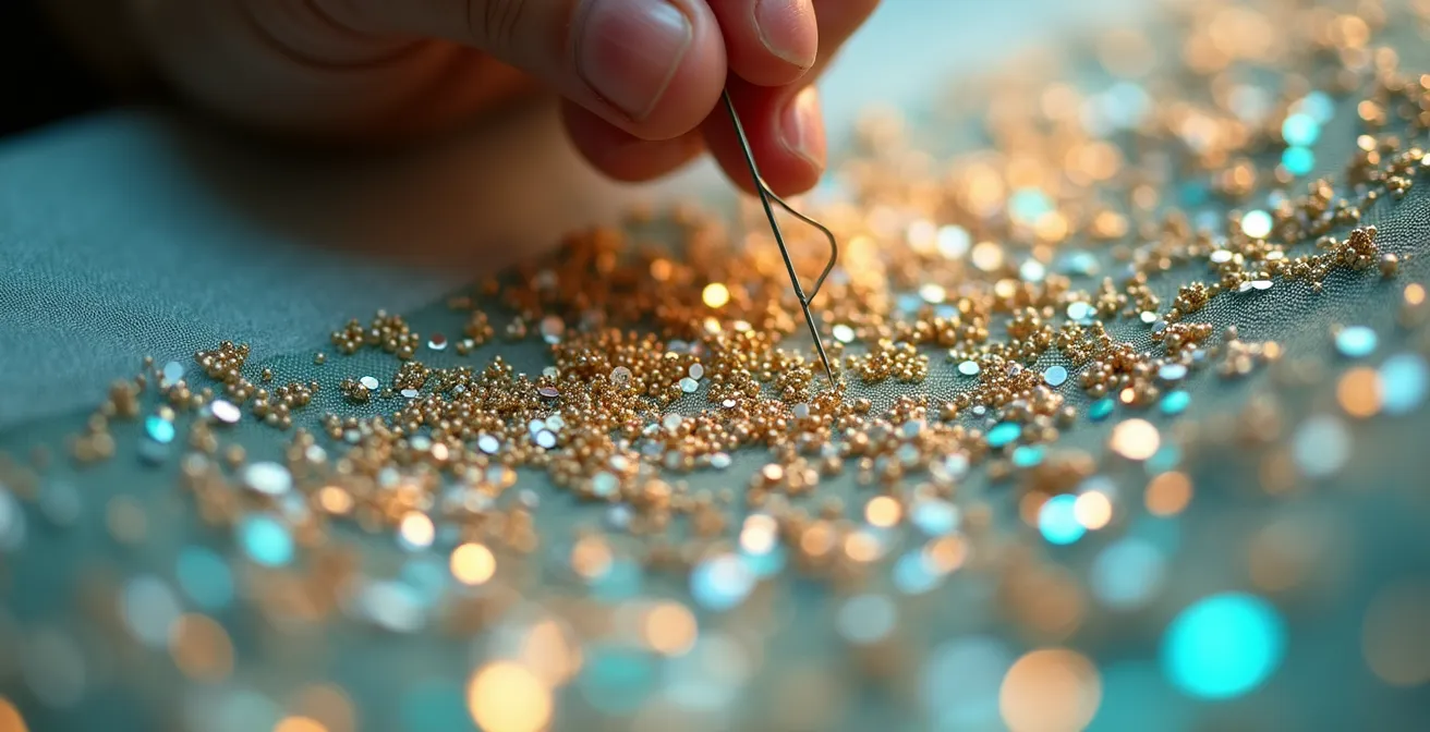 Gros plan sur les mains d'une brodeuse travaillant au crochet de Lunéville sur un motif complexe de perles et paillettes