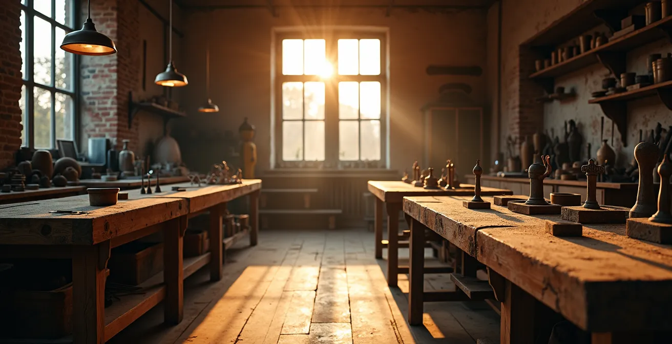 Vue d'ensemble d'un atelier de bijouterie artisanale avec outils traditionnels et lumière naturelle