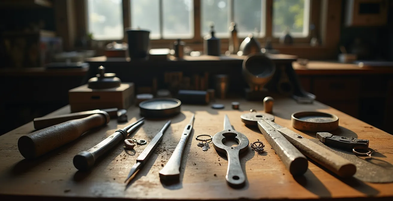 Vue d'ensemble d'un établi d'artisan bijoutier avec ses outils traditionnels disposés méthodiquement