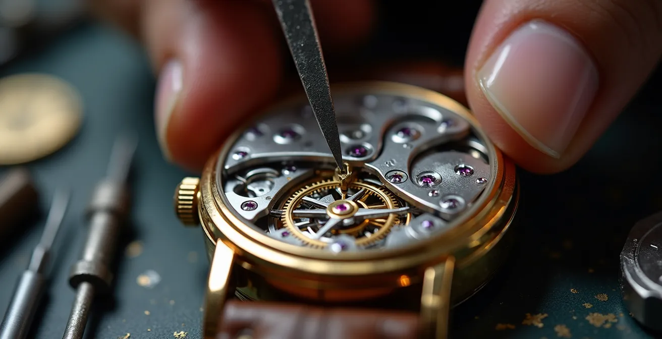 Maître horloger travaillant sur un mouvement complexe dans son atelier