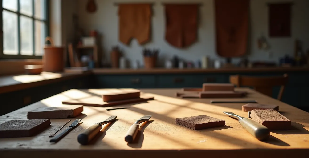 Vue d'ensemble d'un atelier de maroquinerie traditionnel avec outils de finition