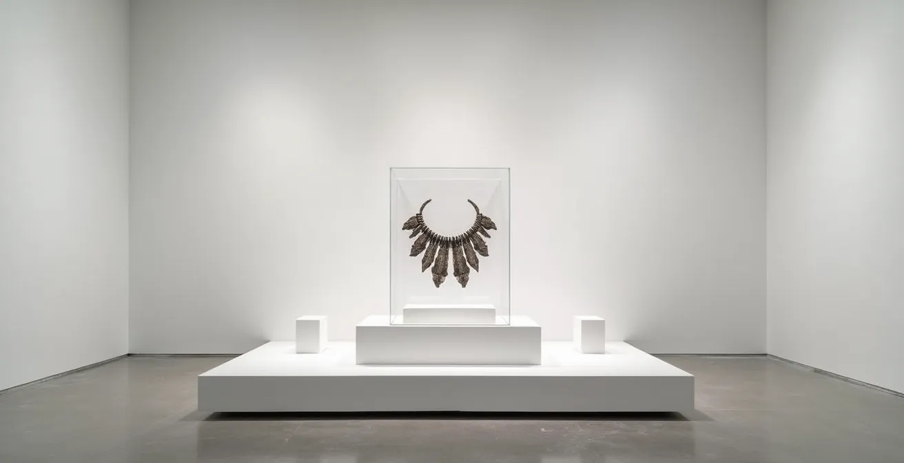 Collier sculptural exposé dans une vitrine muséale avec éclairage professionnel