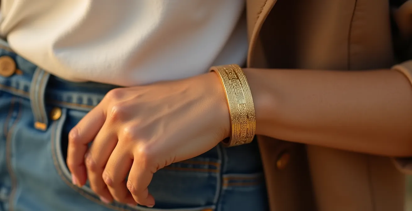 Bracelet manchette doré porté avec un jean et t-shirt blanc dans un style décontracté