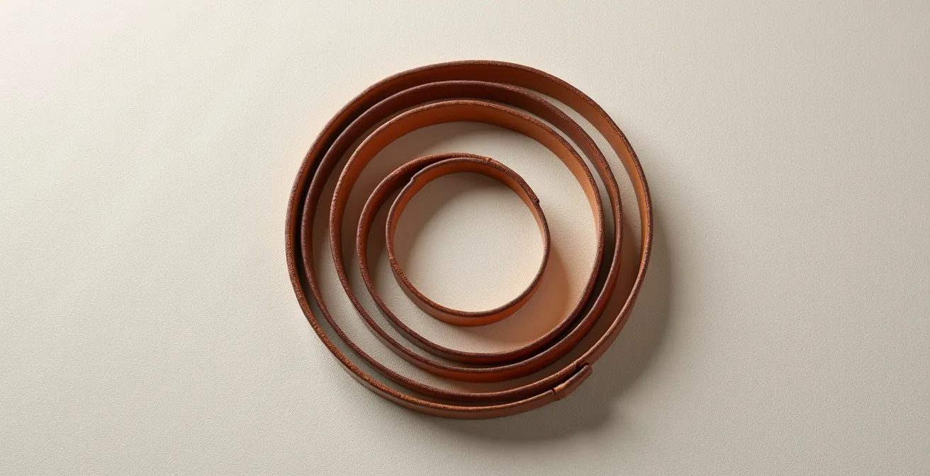 Ceinture fine en cuir naturel posée en spirale sur surface minimaliste