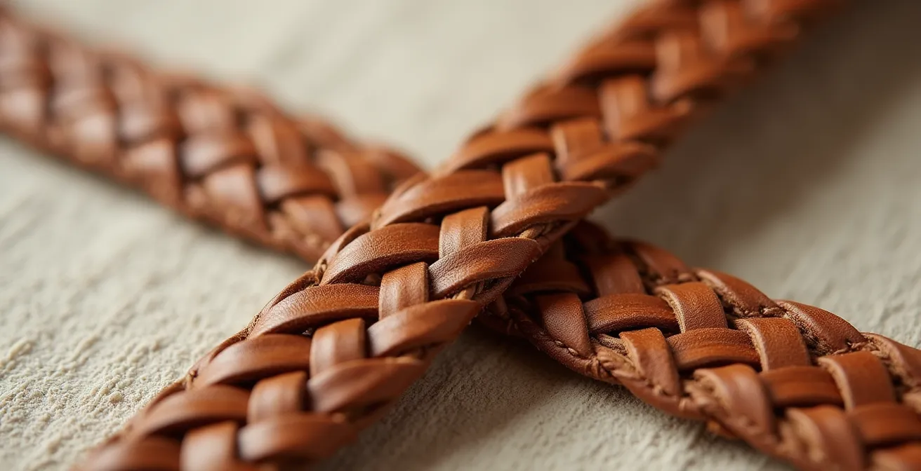 Gros plan macro sur une ceinture finement tressée en cuir montrant la texture ajourée et souple