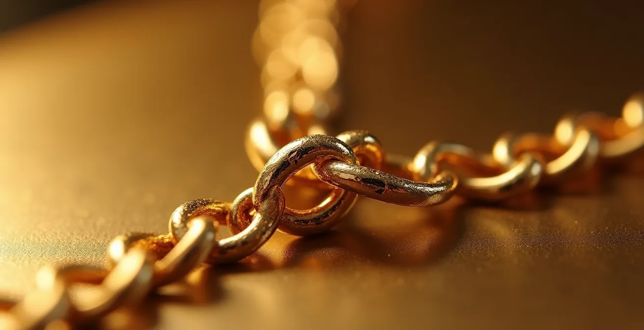 Détail macro d'une chaîne fine avec pendentif montrant les points d'usure