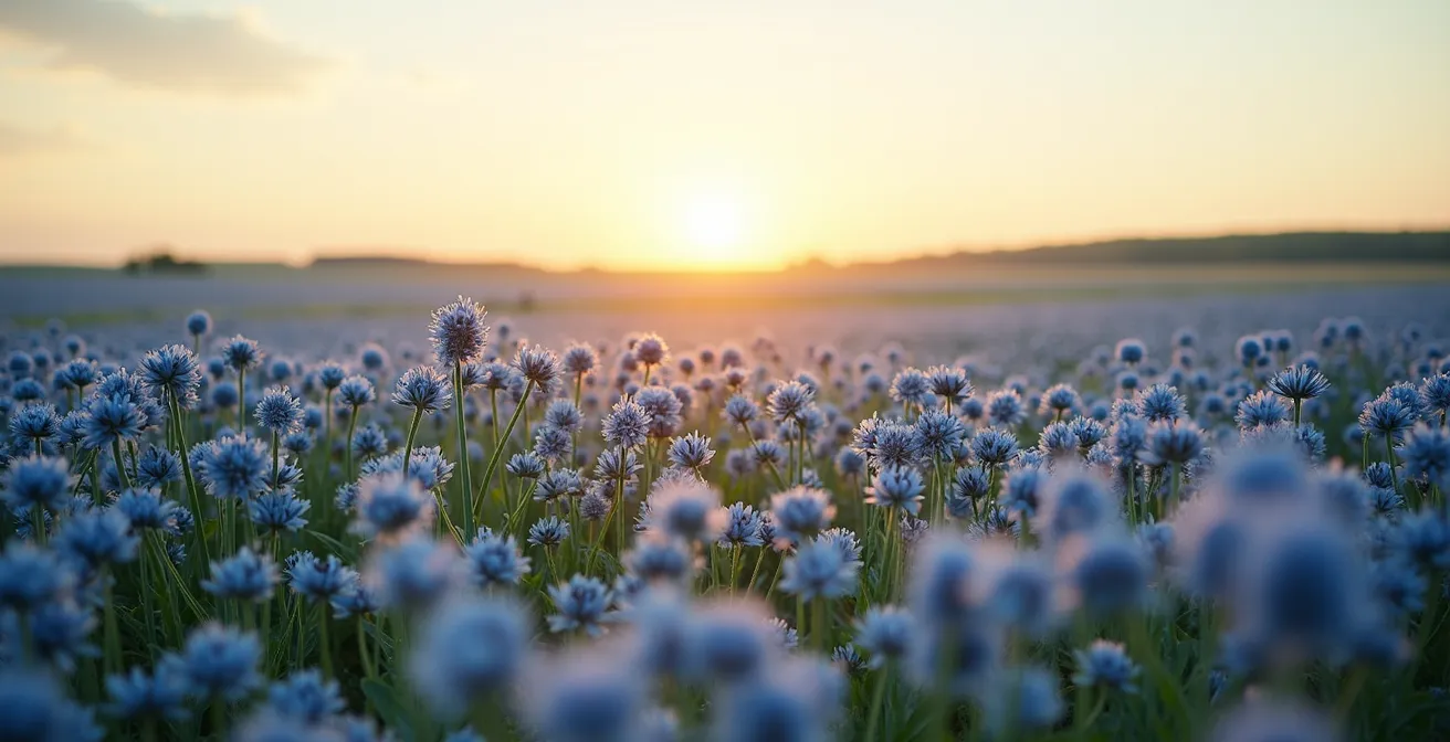 Champ de lin en fleur en Normandie avec ses caractéristiques fleurs bleues sous un ciel nuageux
