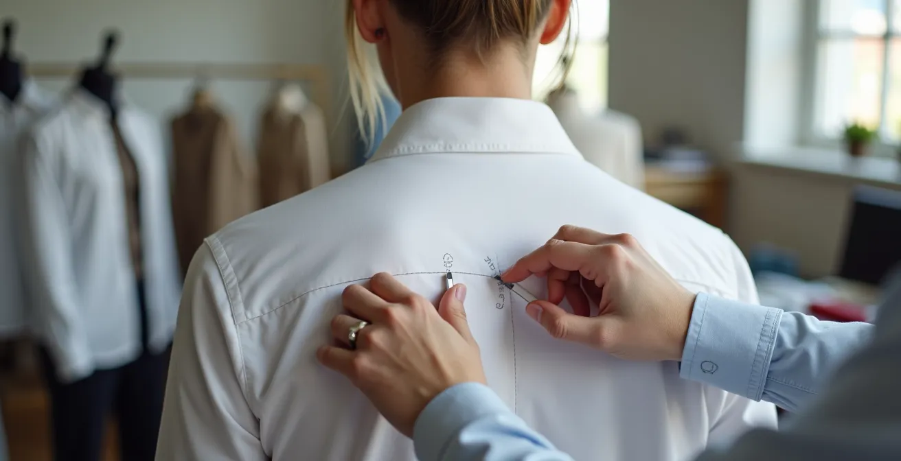Vue arrière d'une chemise blanche avec marquages à la craie pour placement des pinces de dos