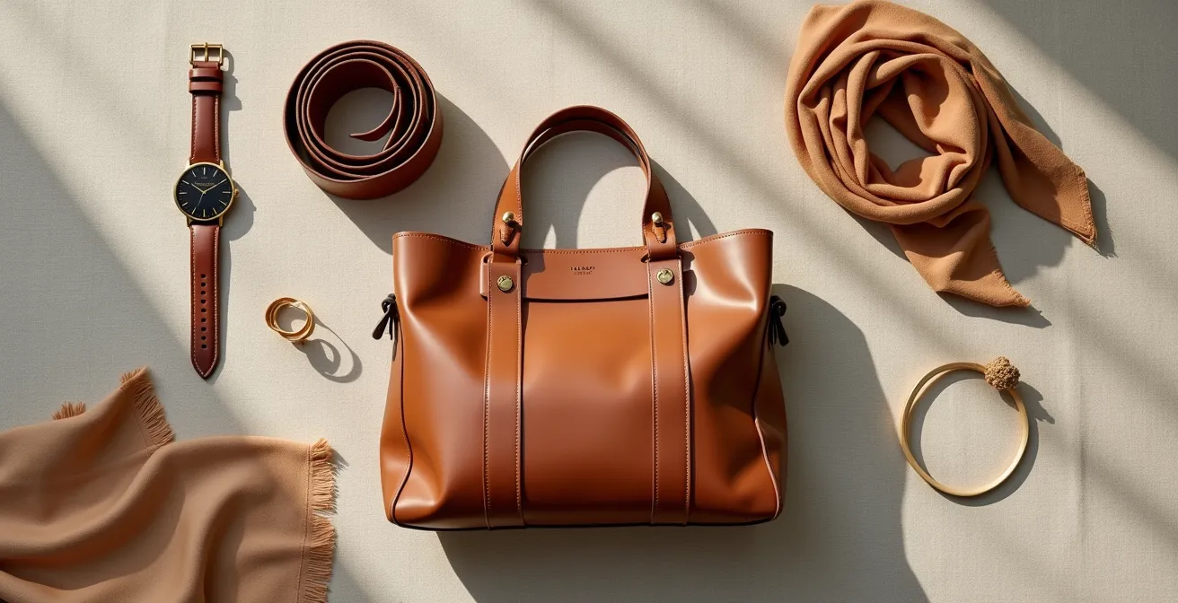 Disposition élégante de cinq accessoires de qualité sur fond épuré : un sac en cuir, une montre en acier, une ceinture, un foulard en soie et un bijou.
