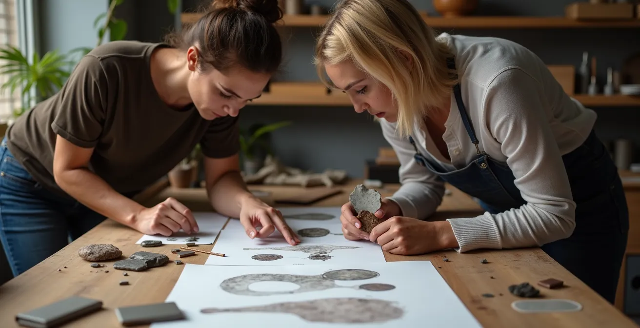 Client et artisan bijoutier en discussion autour d'un bureau avec croquis et échantillons de pierres