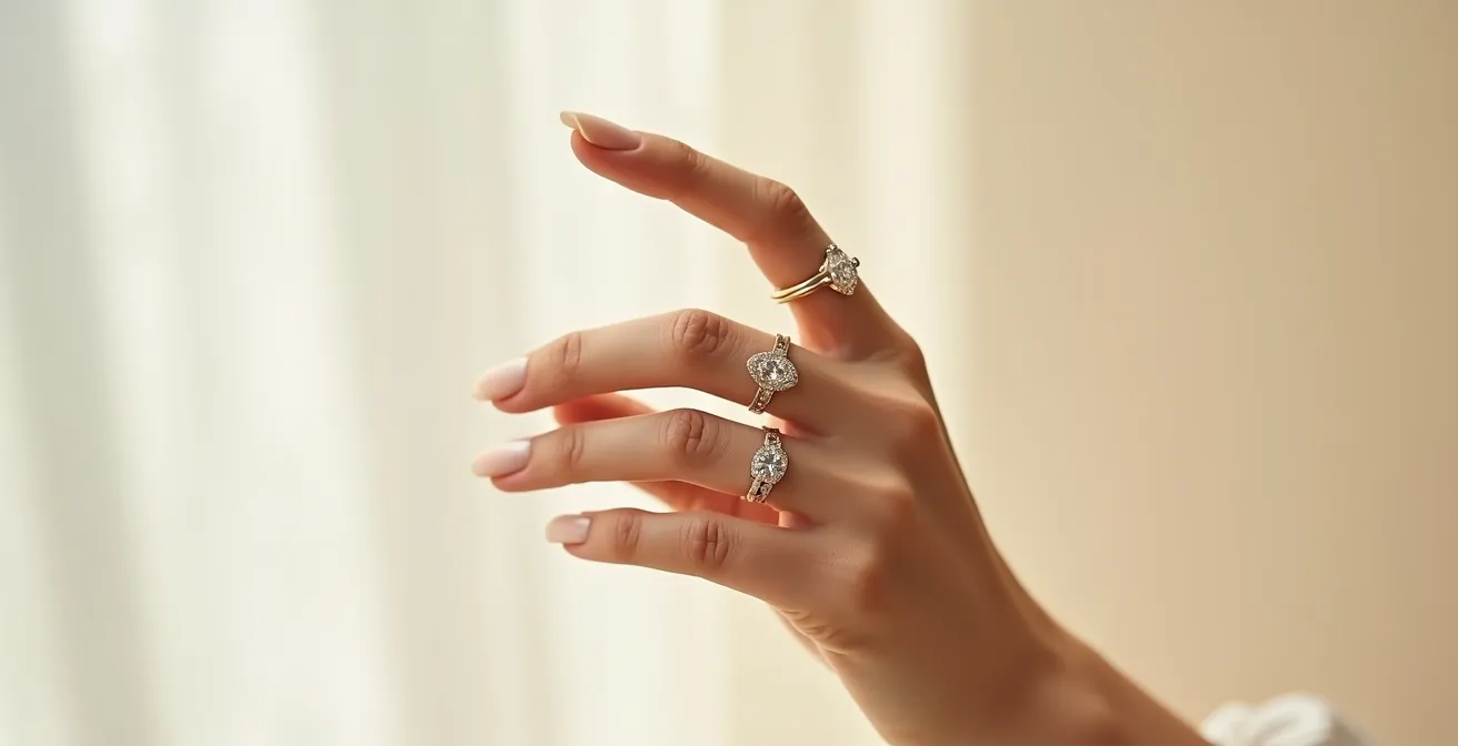 Comparaison visuelle de différentes formes de diamants (rond, ovale, poire) sur une main pour illustrer la surface visible.