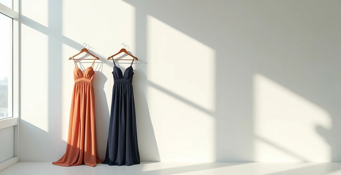 Deux robes de soirée suspendues sur cintres avec ombres révélant l'impact environnemental caché