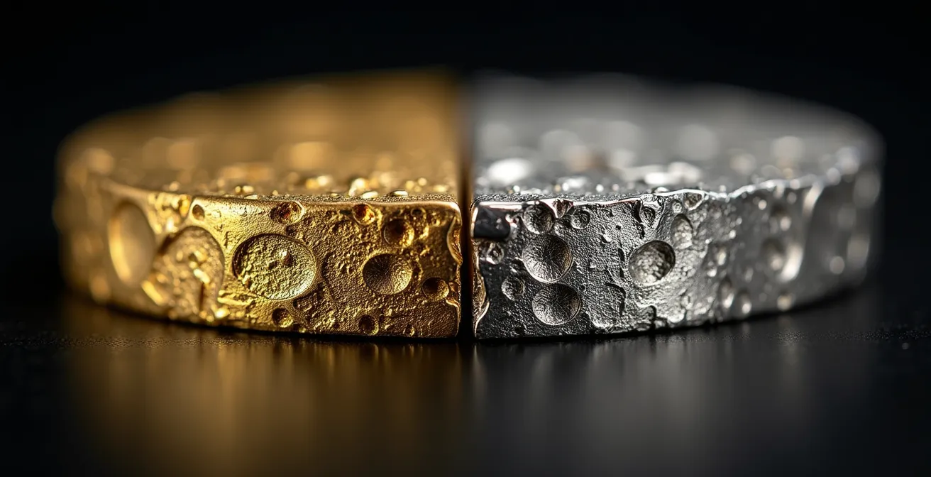 Vue macro détaillée d'alliages métalliques de bijoux montrant les différences de qualité entre un métal noble lisse et un métal de contrefaçon poreux et oxydé