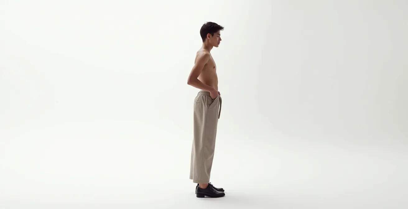 Silhouette de profil montrant l'effet visuel de différentes hauteurs de ceinture sur les proportions