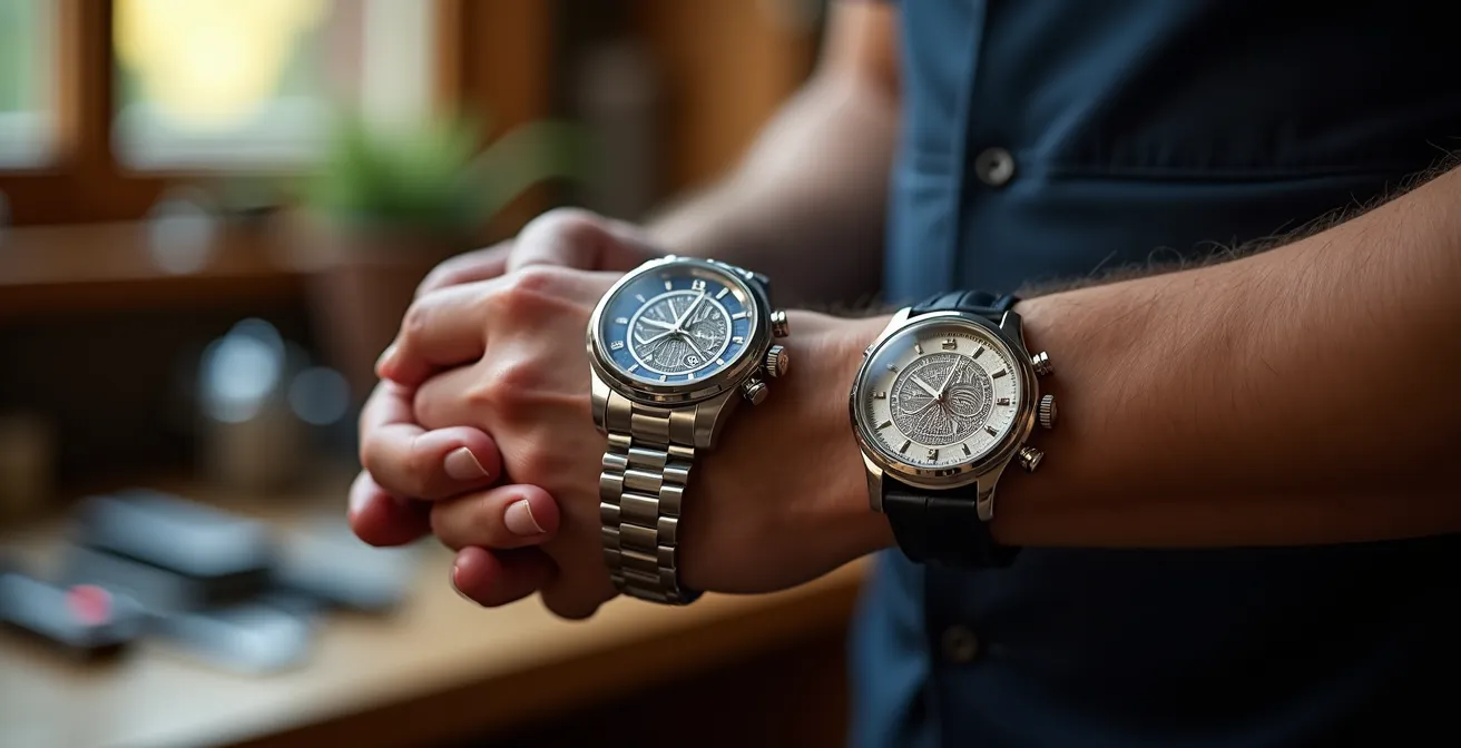 Vue rapprochée montrant la différence subtile de brillance entre platine et acier poli