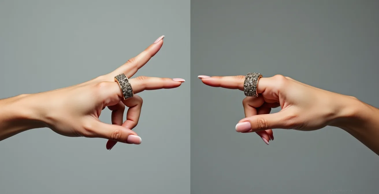 Deux mains côte à côte montrant le port d'une bague volumineuse sur l'index puis sur le majeur