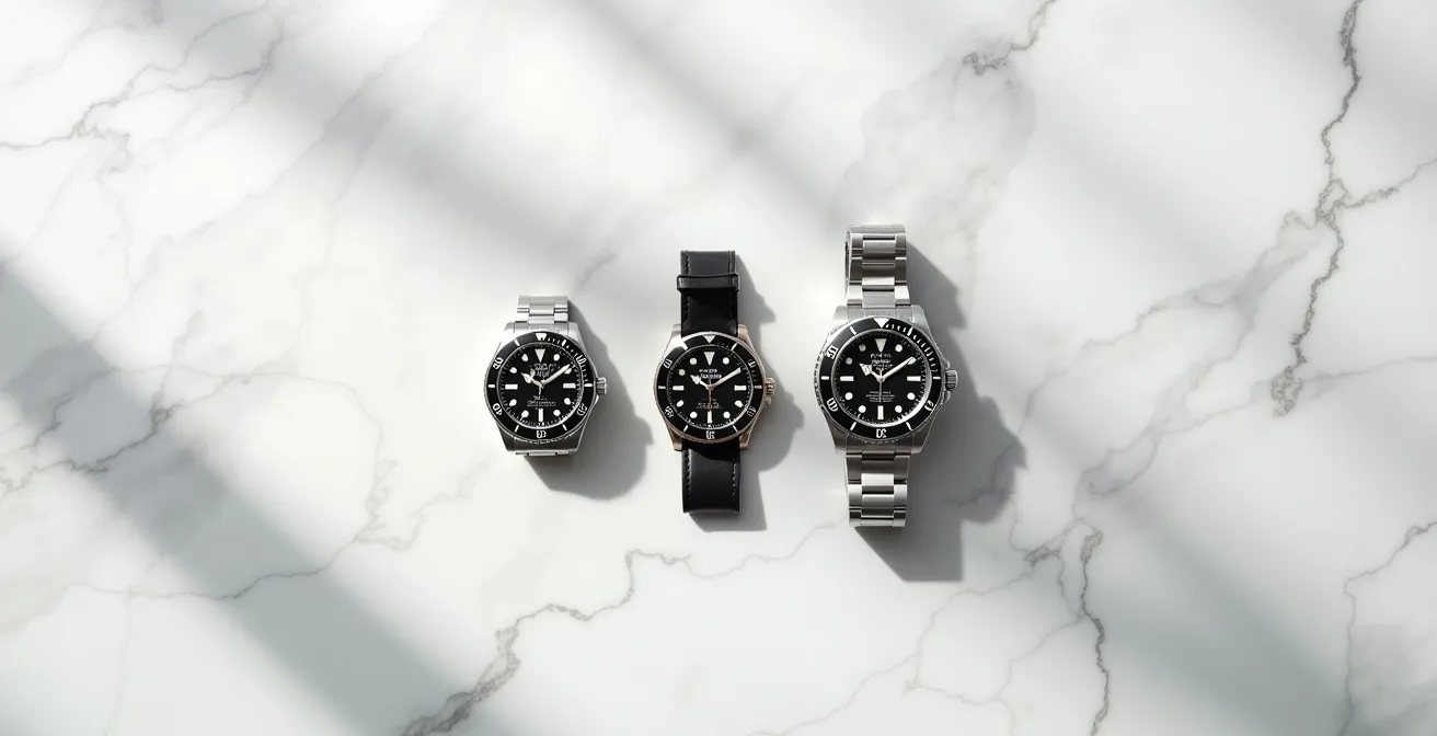 Comparaison visuelle de trois montres de différentes tailles sur un même poignet masculin