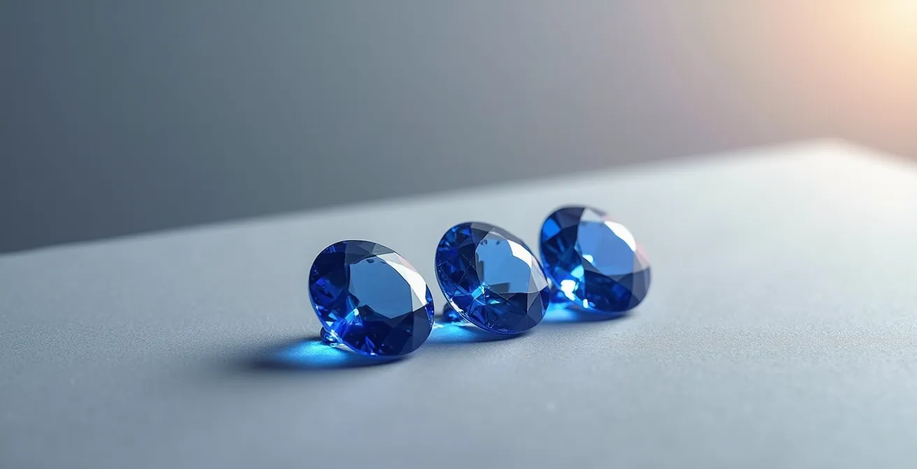 Trois saphirs bleus de teintes différentes sous éclairages variés montrant leurs nuances