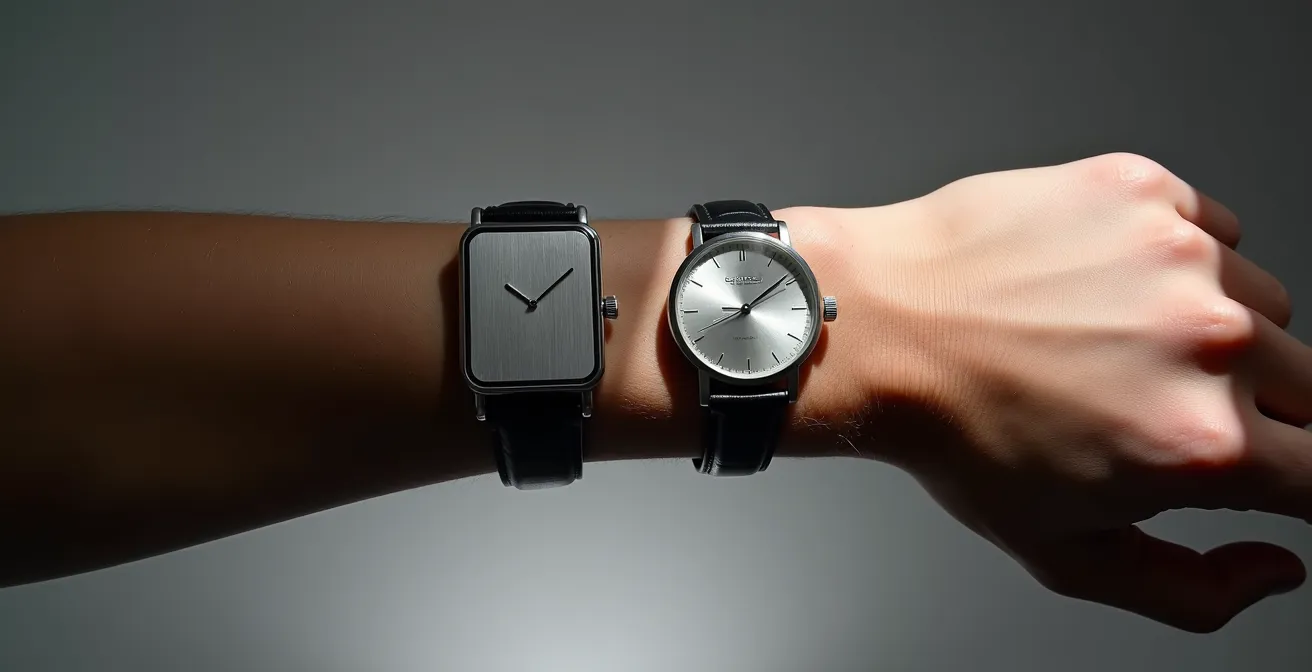Comparaison côte à côte d'une montre carrée et d'une montre ronde sur le même poignet