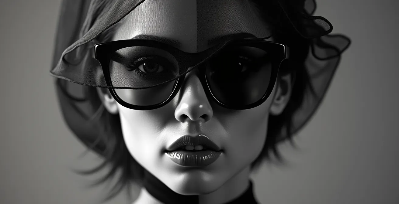 Diptyque montrant une femme avec voilette vintage à gauche et lunettes noires modernes à droite