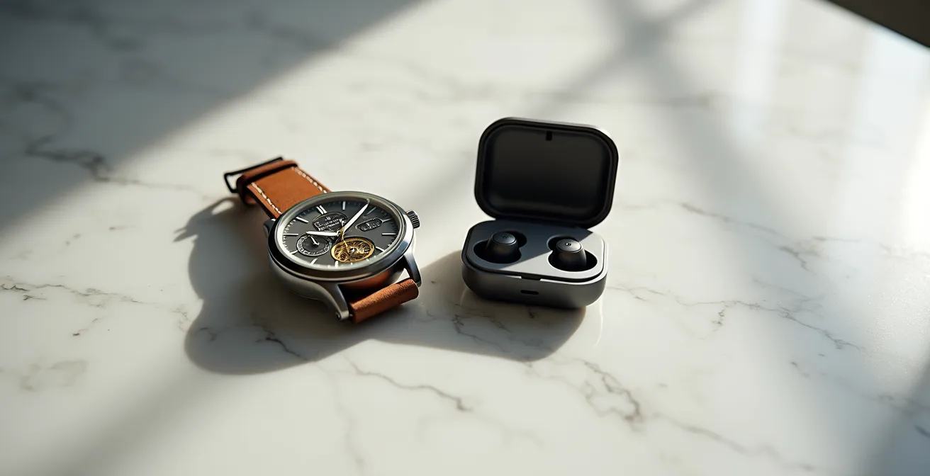 Composition minimaliste montrant le contraste entre une montre mécanique traditionnelle et des écouteurs haute technologie