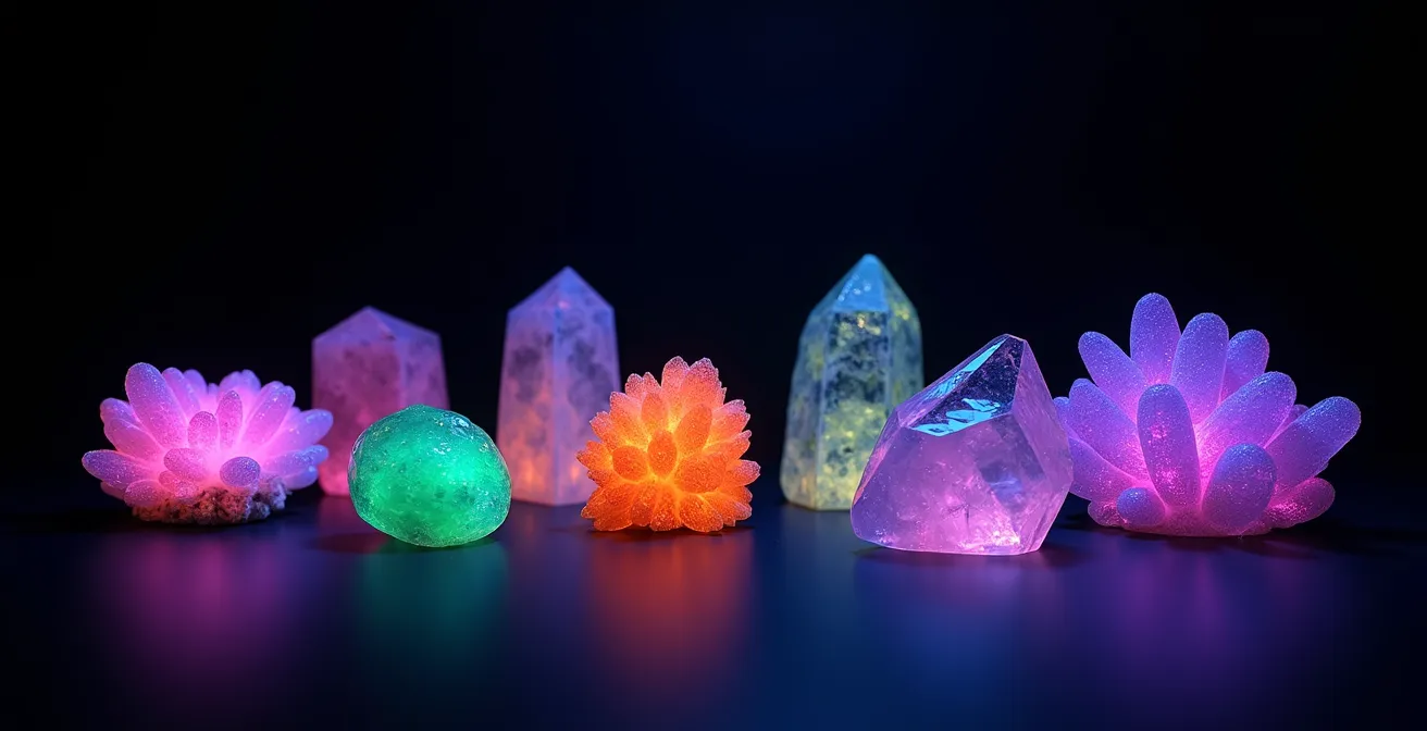 Minéraux fluorescents sous lumière UV révélant leurs couleurs cachées dans l'obscurité