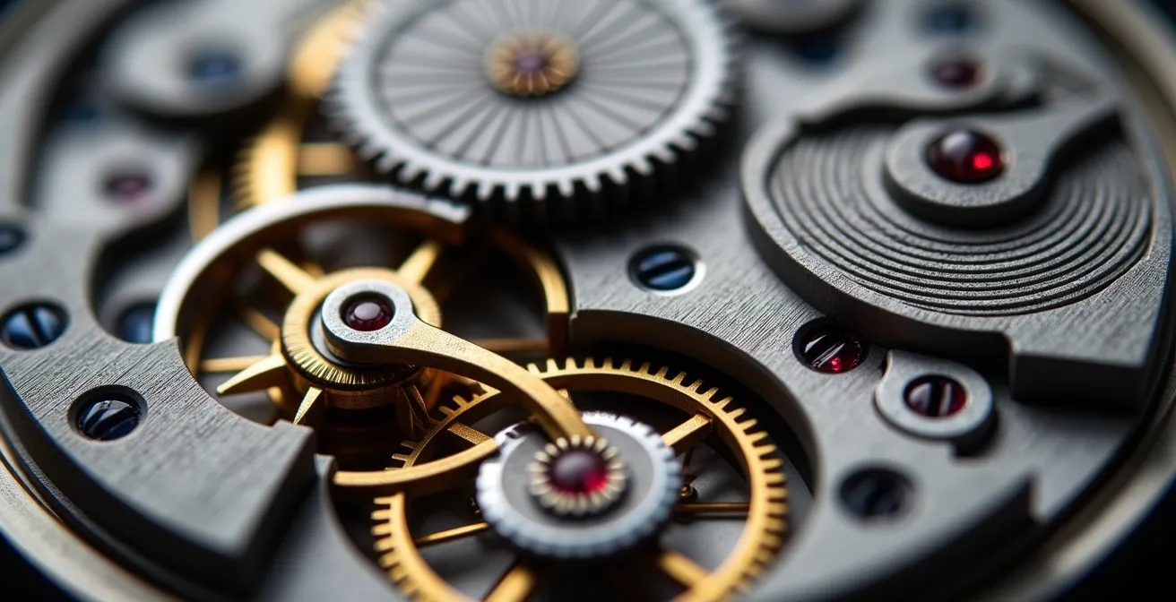 Vue macro des finitions invisibles d'un mouvement horloger avec perlage et anglage