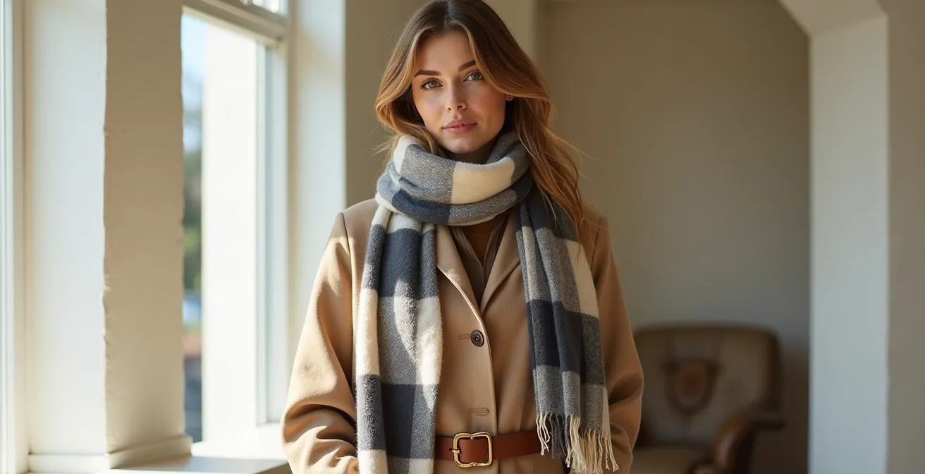 Femme portant une écharpe plaid en cachemire ceinturée avec élégance sur un manteau ajusté.