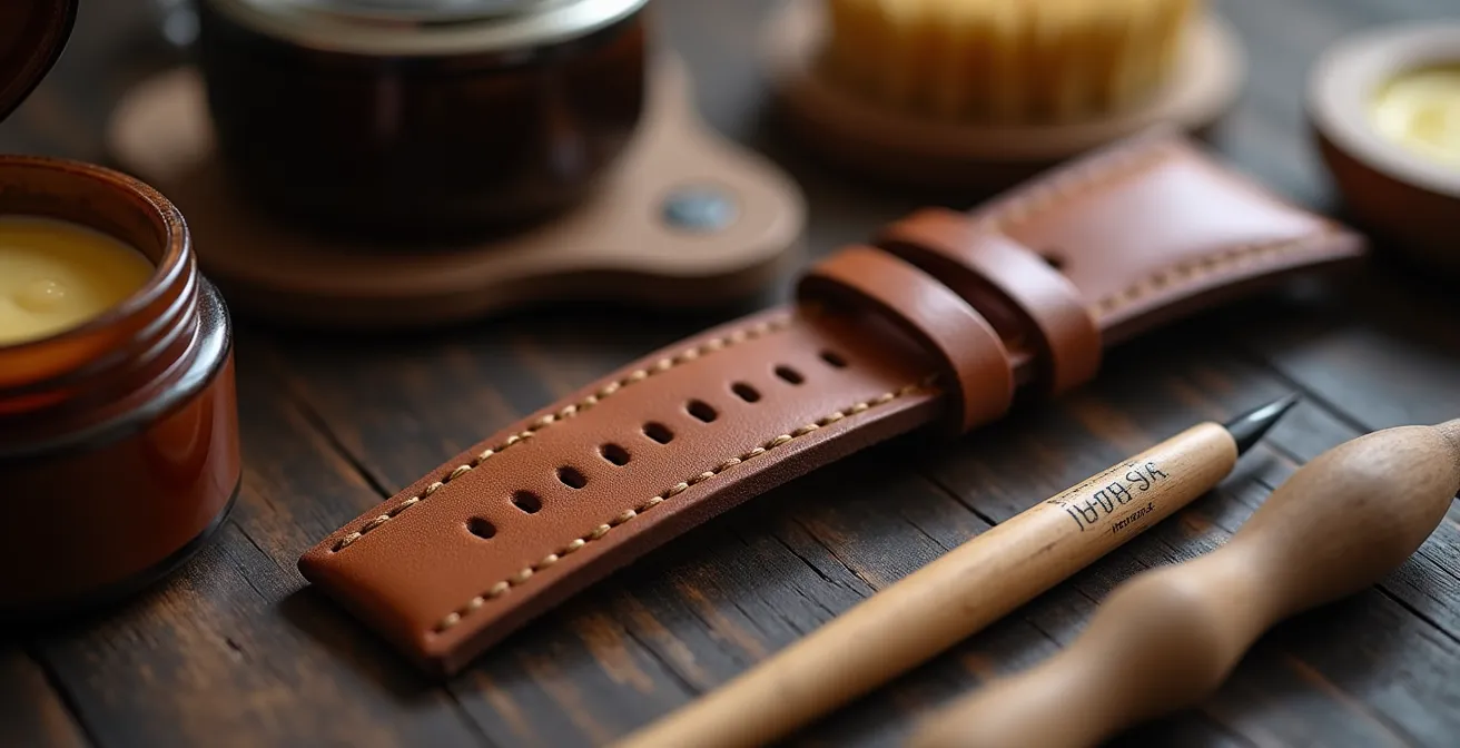 Bracelet de montre en cuir avec produits d'entretien professionnels disposés artistiquement à côté