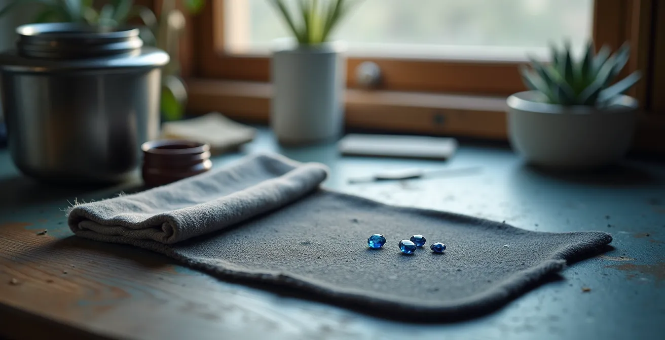 Ensemble d'outils d'entretien de bijoux avec corindons précieux sur établi de joaillier