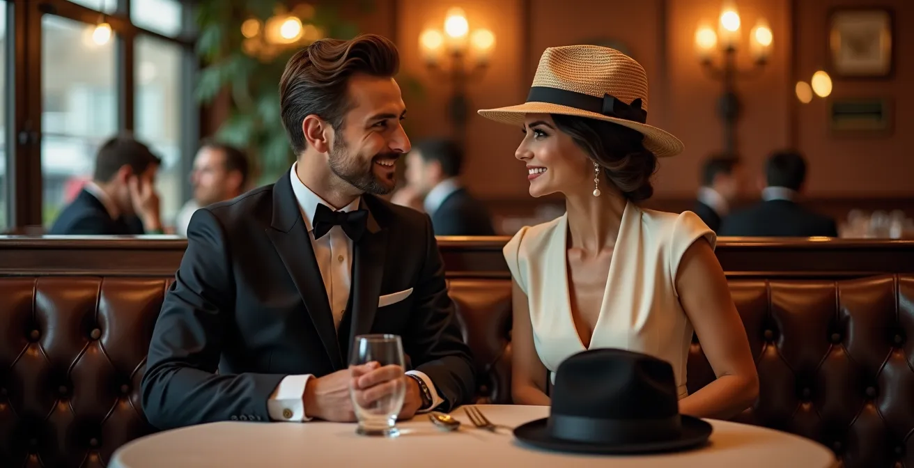 Illustration de l'étiquette moderne du port du chapeau au restaurant