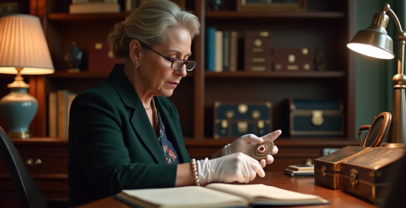 Expert en bijoux analysant une parure ancienne avec instruments de précision