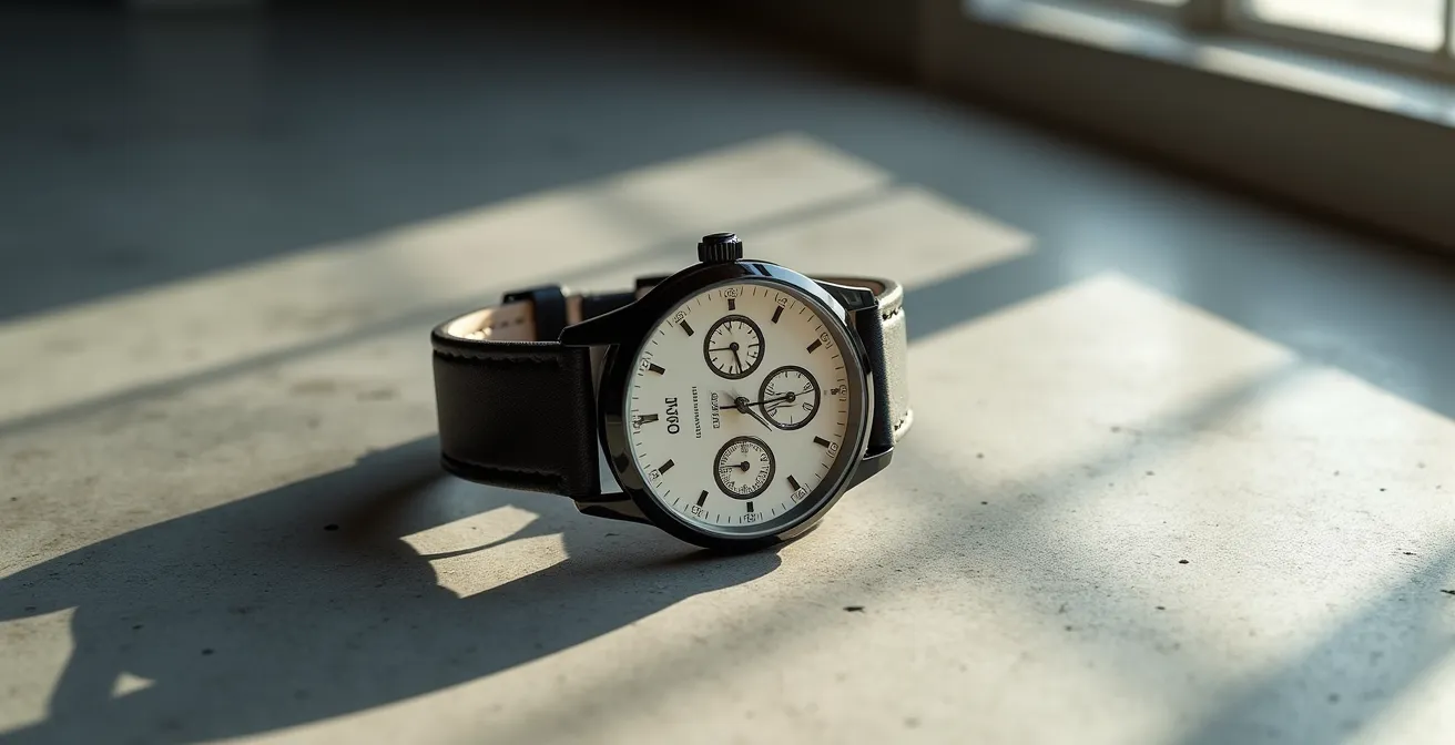 Gros plan sur un cadran de montre de mode avec des sous-compteurs décoratifs dont les aiguilles sont fixes.