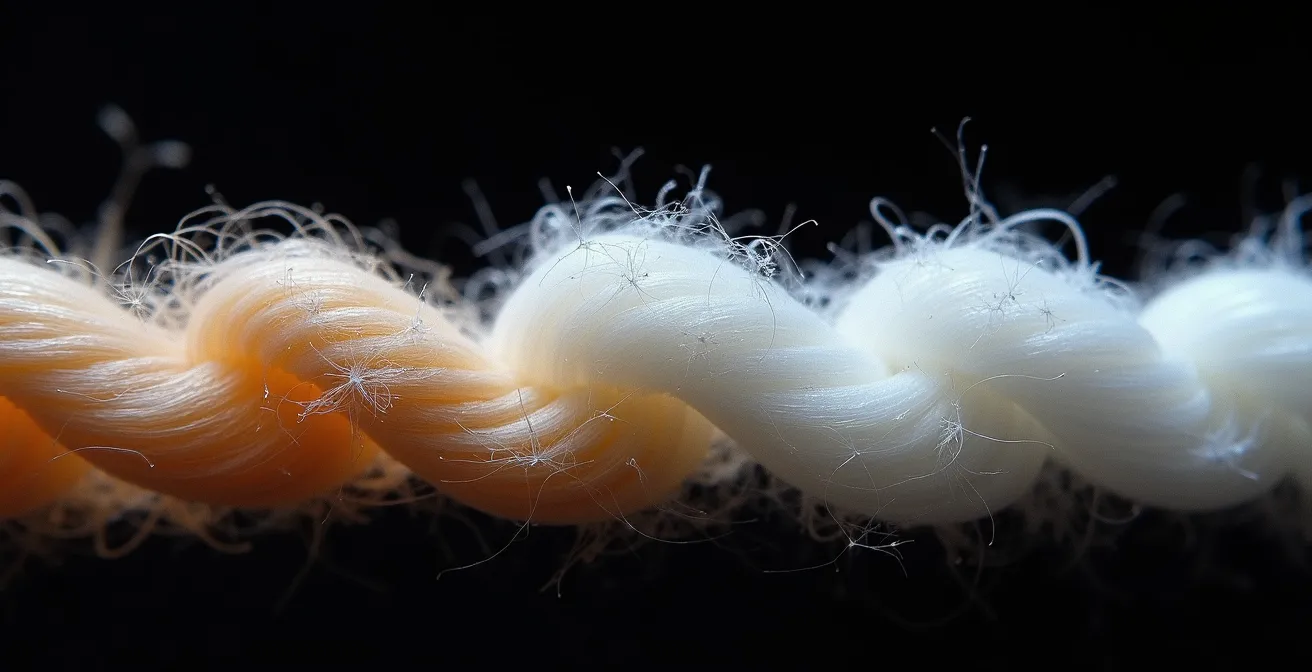 Vue microscopique comparative des fibres de soie, laine et synthétique montrant leur structure.