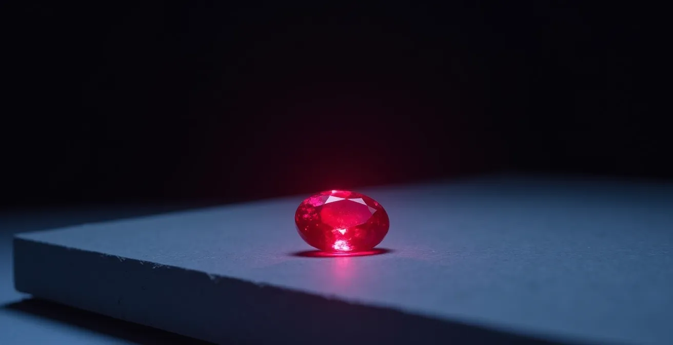 Rubis birman montrant sa fluorescence rouge caractéristique sous lumière UV