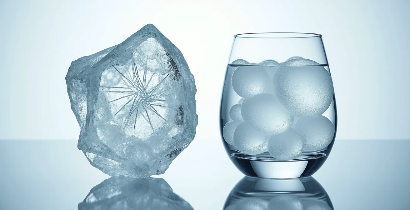 Vue microscopique montrant la différence entre les inclusions naturelles anguleuses d'un cristal et les bulles rondes du verre