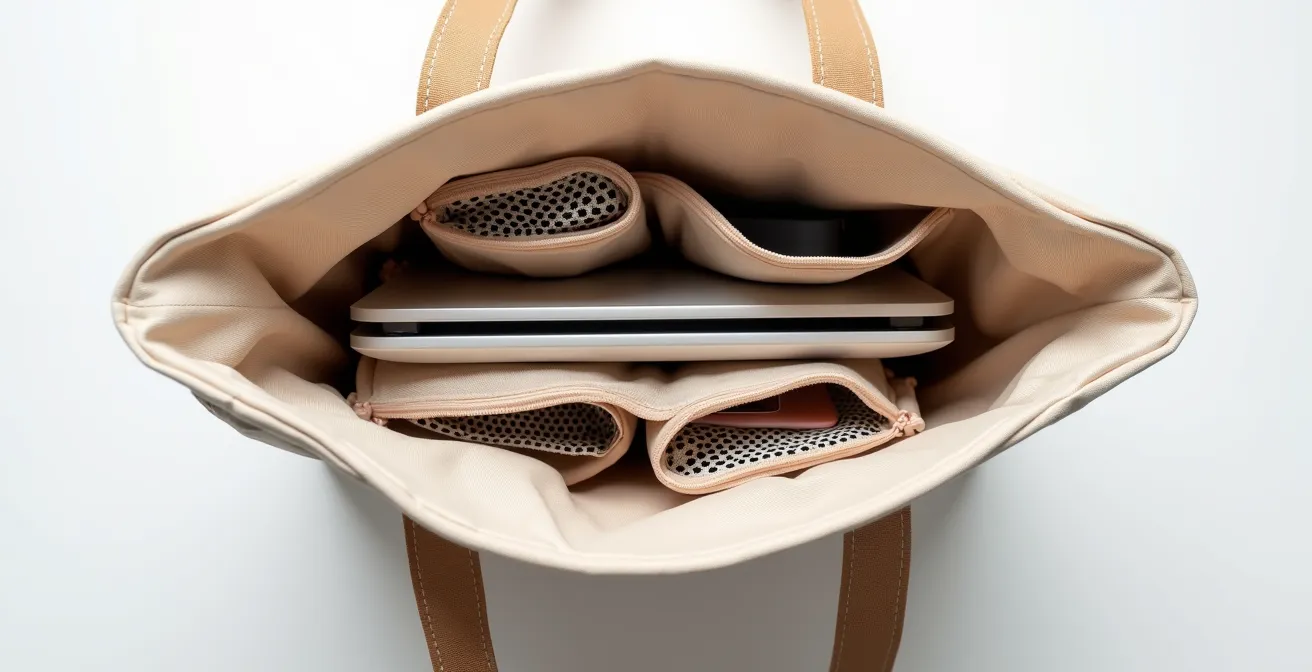 Vue plongeante sur l'intérieur d'un sac ouvert montrant des compartiments bien organisés