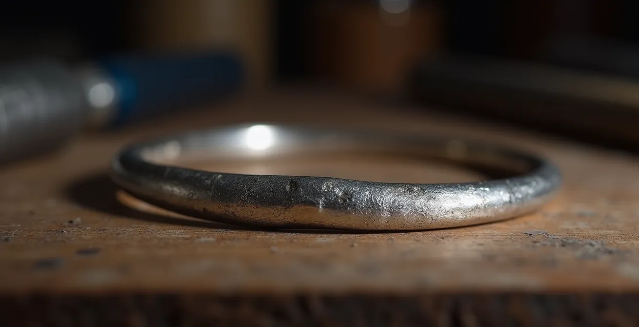 Jonc en argent légèrement déformé posé sur établi de bijoutier avec outils professionnels flous en arrière-plan