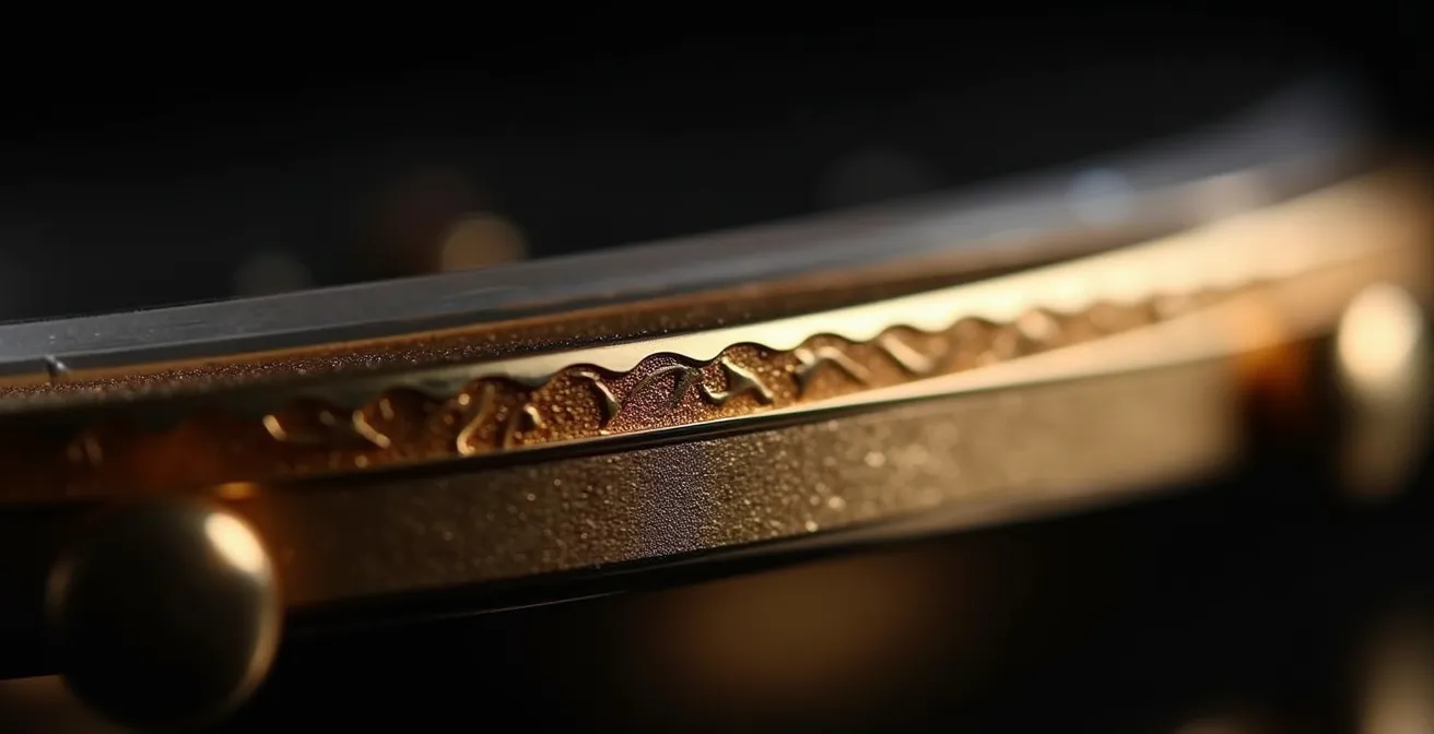 Vue macro d'un anglage fait main sur un pont de mouvement horloger montrant les traces distinctives de la lime