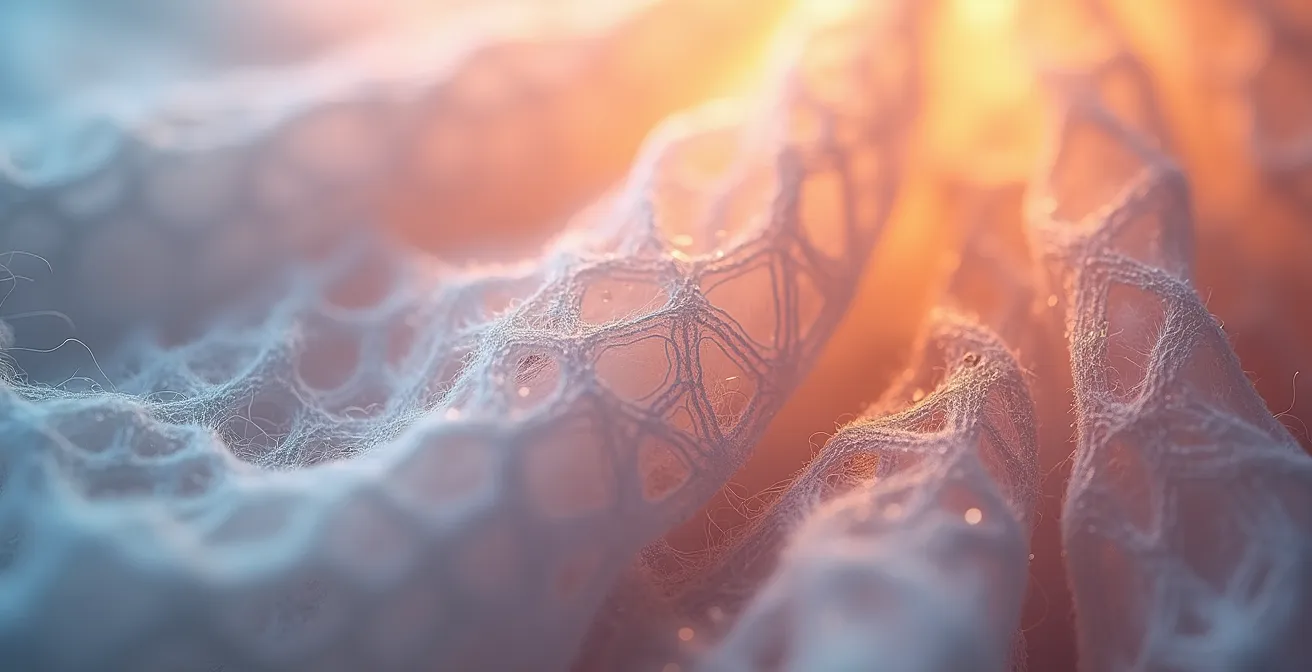 Vue macro de fibres de soie montrant leur structure triangulaire caractéristique et leur brillance naturelle