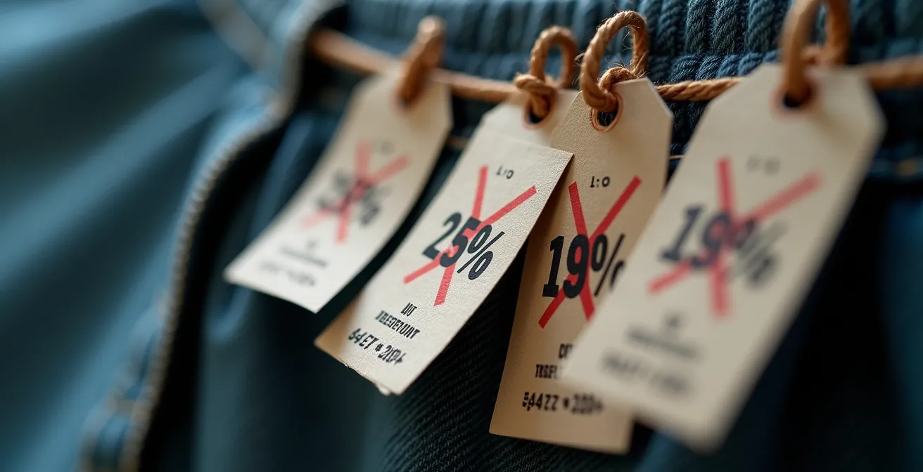 Étiquettes de prix multiples sur un vêtement montrant la manipulation des prix avant soldes