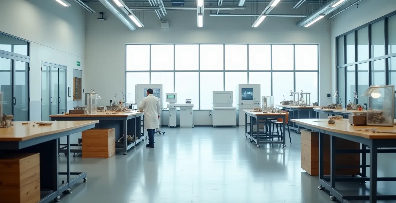 Vue d'ensemble d'un atelier de manufacture moderne alliant tradition et technologie, avec artisans au travail sous éclairage naturel