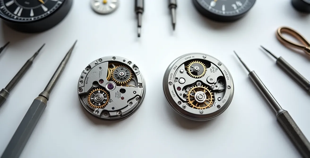 Vue rapprochée du mécanisme flyback d'un chronographe avec roue à colonnes visible