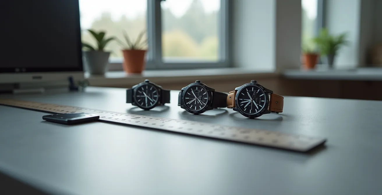 Démonstration de la mesure entre-cornes sur un poignet avec différentes tailles de montres